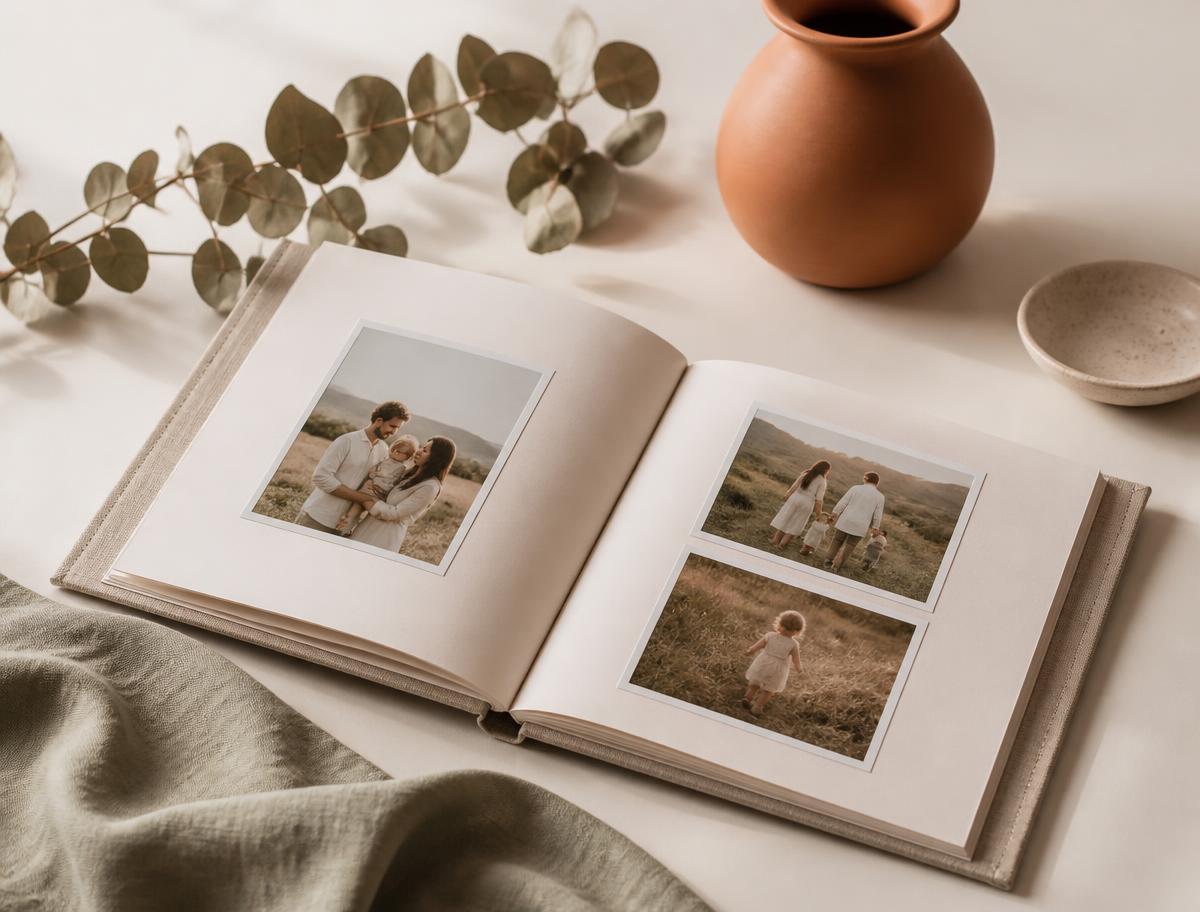 Un album photo familial ouvert sur une table claire
